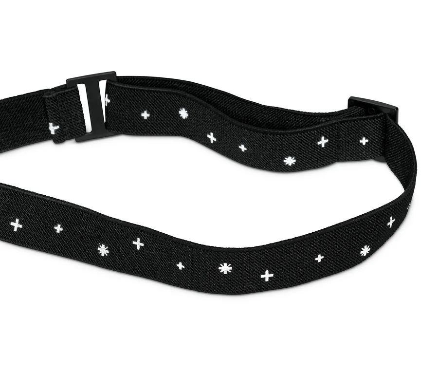 Schwarzes Band einer LED-Stirnlampe mit weißen Kreuzen und Sternchen.