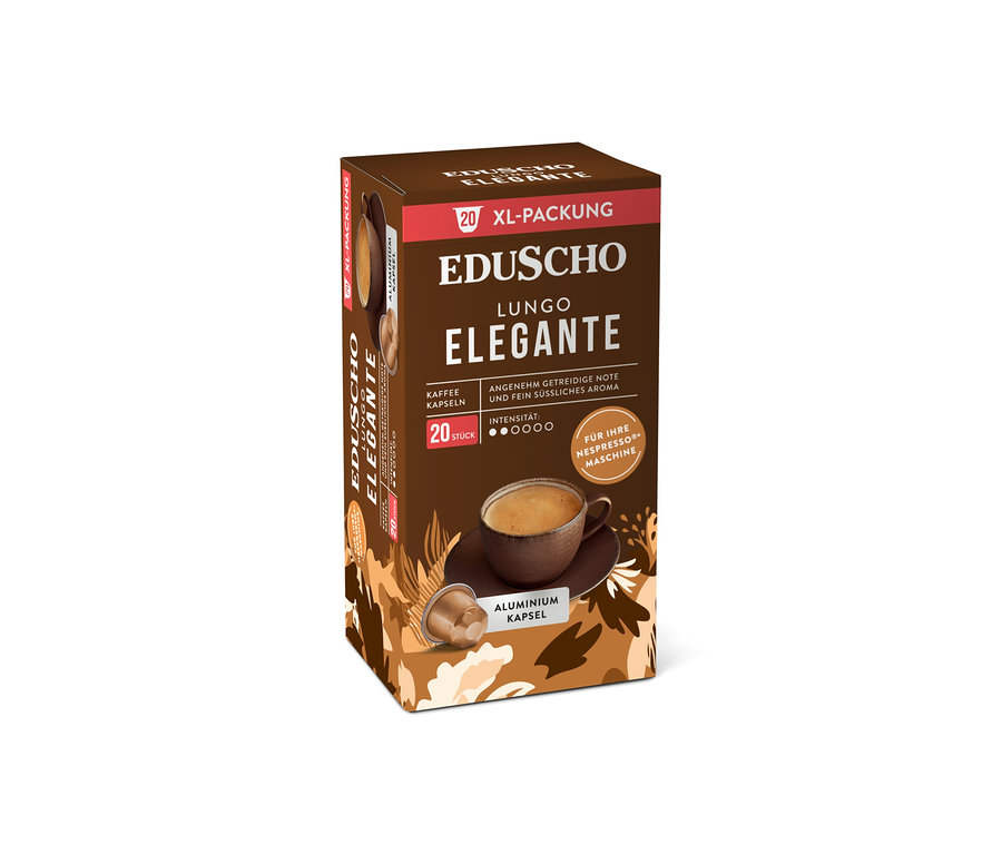 Eine Packung Eduscho Lungo Elegante Kaffeekapseln mit einer Tasse Kaffee und einer Kapsel im Vordergrund.