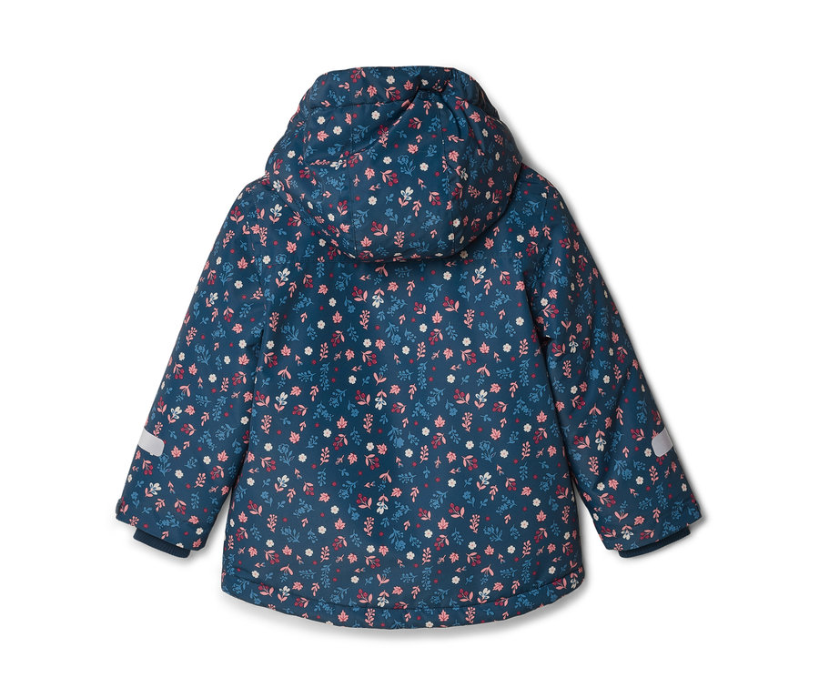 Rückansicht einer dunkelblauen, blumengemusterten Jacke mit Kapuze.