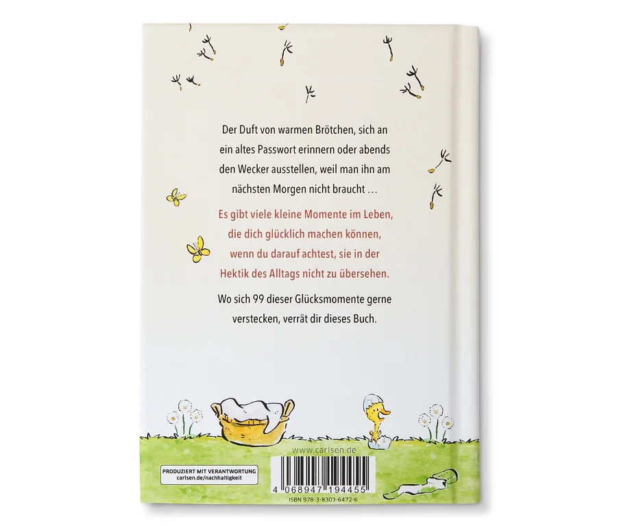 Rückseite eines Buches mit Text über kleine Glücksmomente und Illustrationen von Pusteblumen, einem Korb und einem Küken.