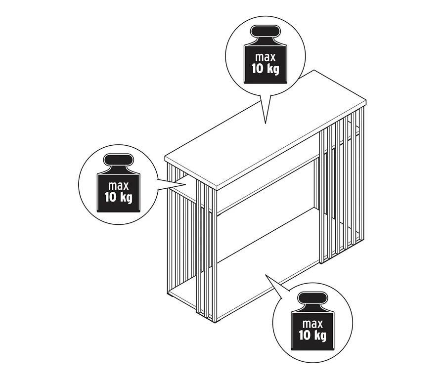 Konsole mit Metallstreben, die auf drei Ebenen eine maximale Tragfähigkeit von jeweils 10 kg aufweist.