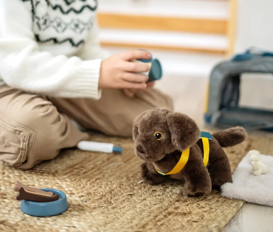 Junge spielt mit small foot Hund mit Tasche und Pflege-Set.