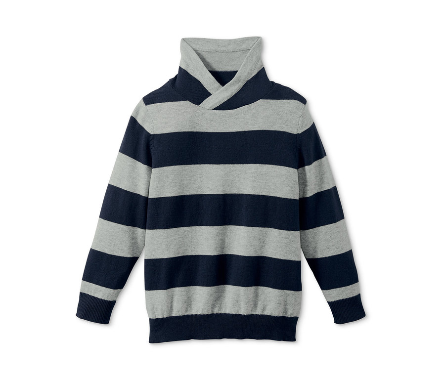 Gestreifter Feinstrickpullover in Grau und Dunkelblau.