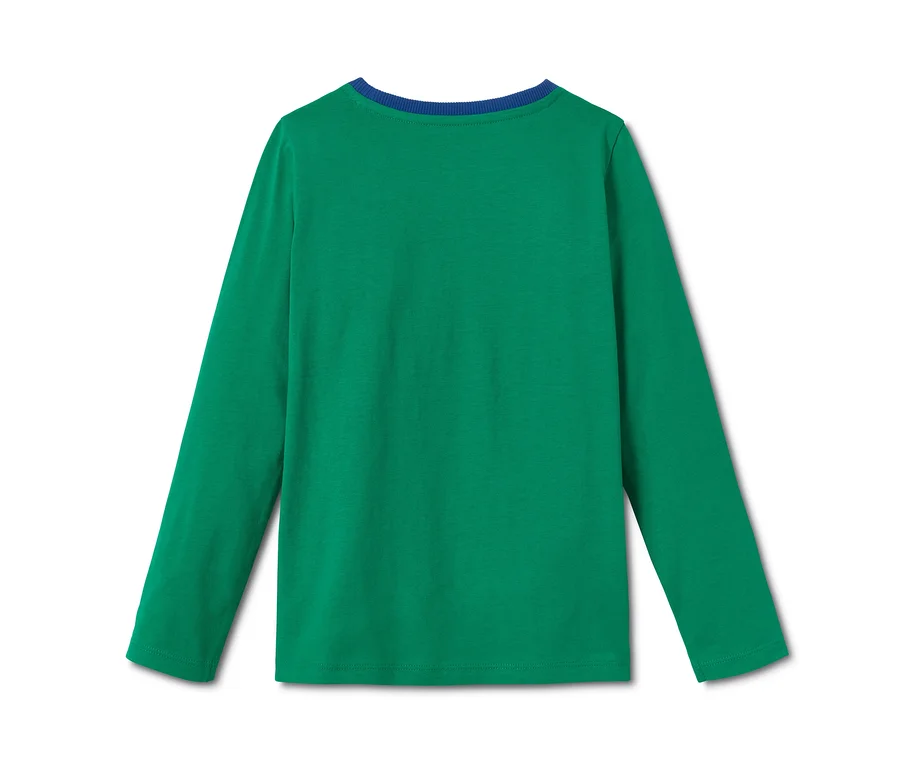 Grünes Langarmshirt, 2 Stück, mit blauem Halsausschnitt.