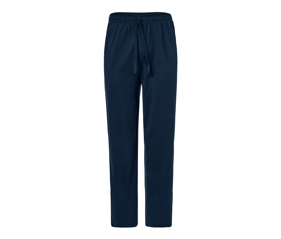 Eine marineblaue Jersey-Pyjamahose, gestreift.