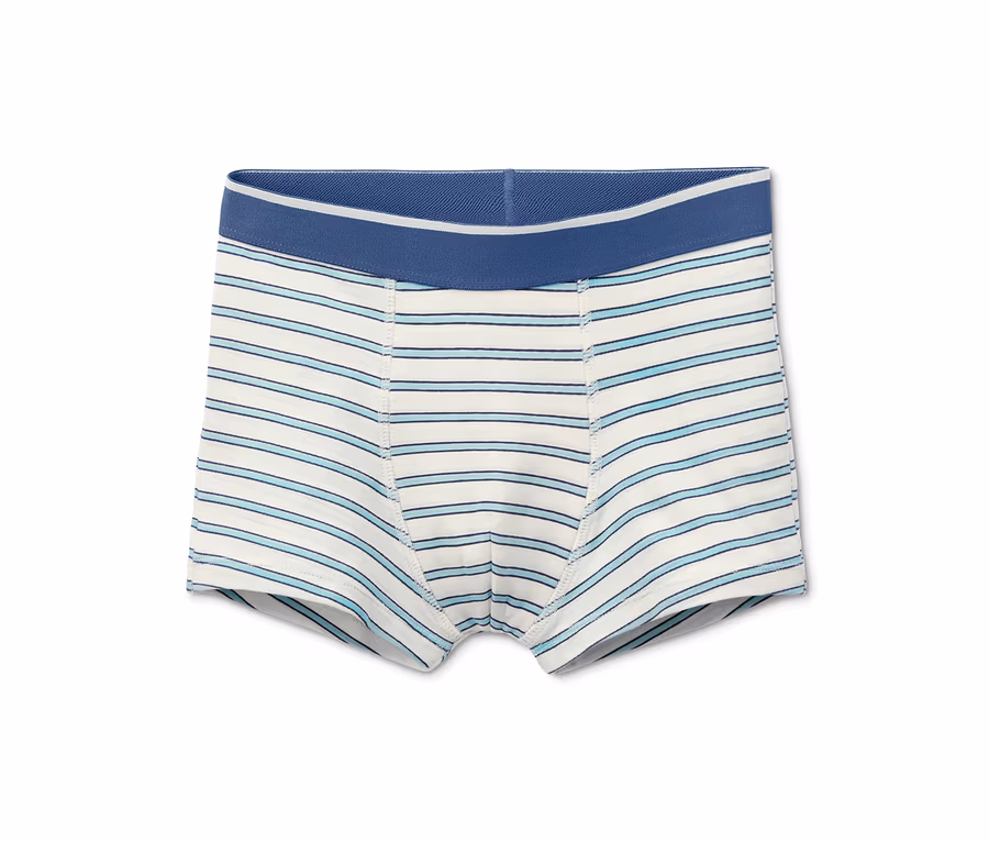 Jungen-Slipboxer aus Bio-Baumwolle mit hell- und dunkelblauen horizontalen Streifen und blauem Bund.