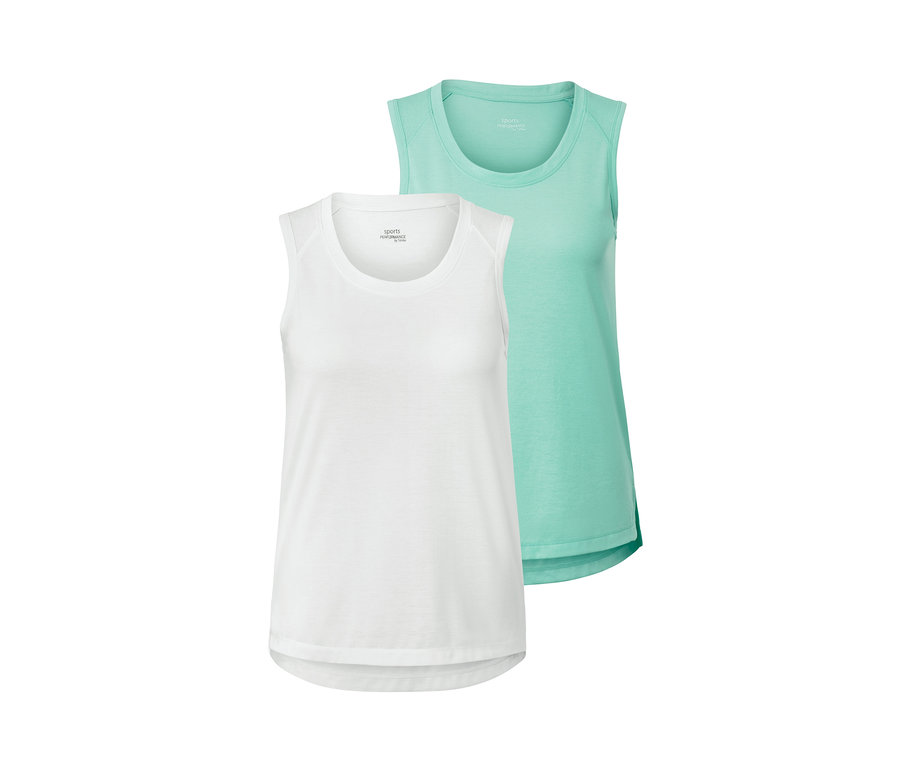 Zwei mint- und weiße Sporttops.