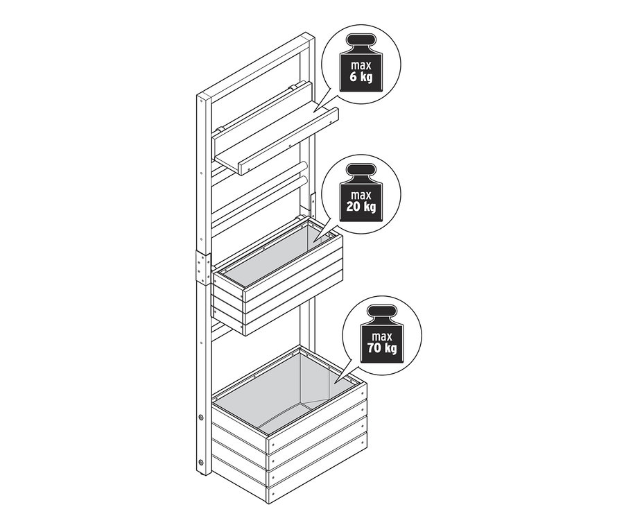 Illustration einer Pflanzwand »Elin« mit flexibel einhängbaren Elementen und Regalen.