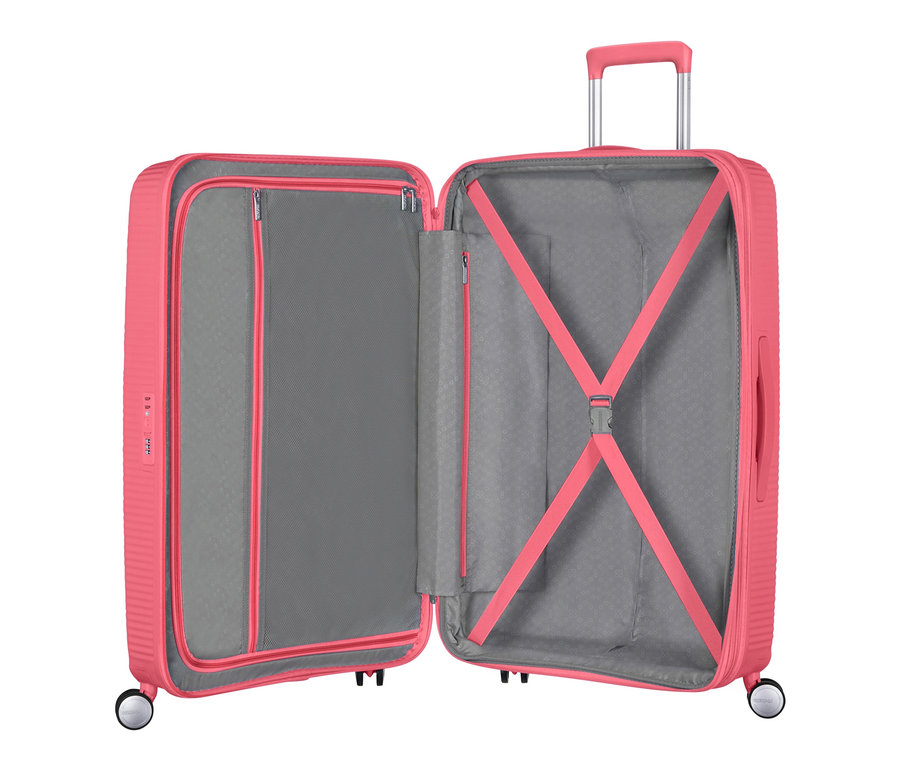 Offener, grosser, sun kissed coral farbener American Tourister Hartschalen-Koffer »Soundbox« Spinner mit grauem Innenraum.