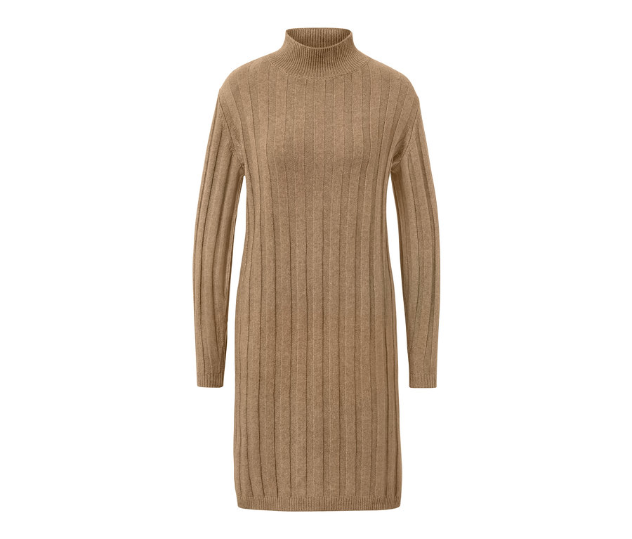 Geripptes Strickkleid mit Stehkragen.