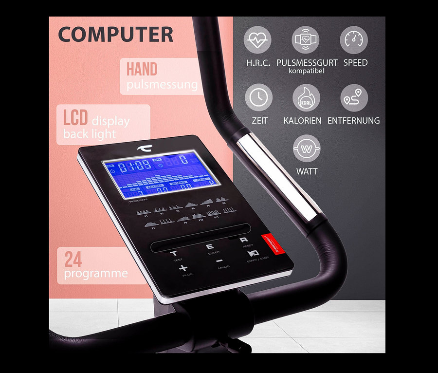 Nahaufnahme des schwarzen Christopeit Sport Heimtrainer Ergometer »ET 6« mit LCD-Display und Bedienfeld.