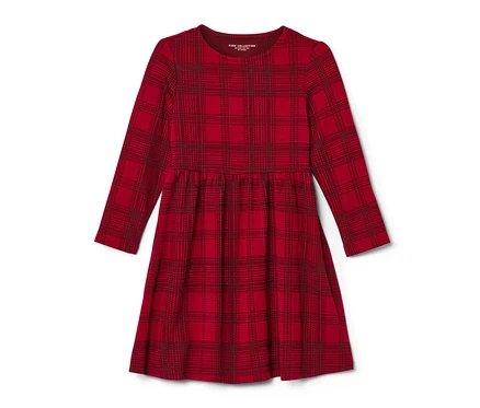 Ein rotes Kinder-Jersey-Kleid mit Karomuster und langen Ärmeln.