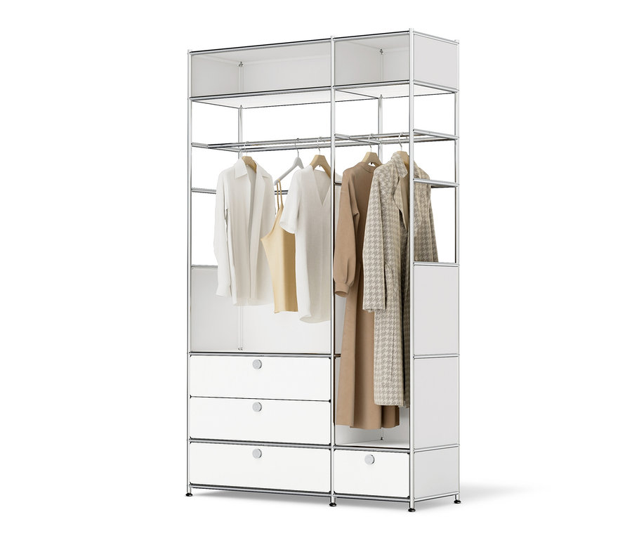 Kommode Metall »CN3« mit 2 Kleiderstangen und 4 Schubladen und Kleidung.