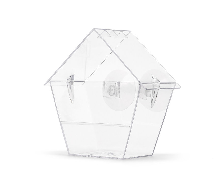 Ein durchsichtiges Fenster-Vogelfutterhaus.