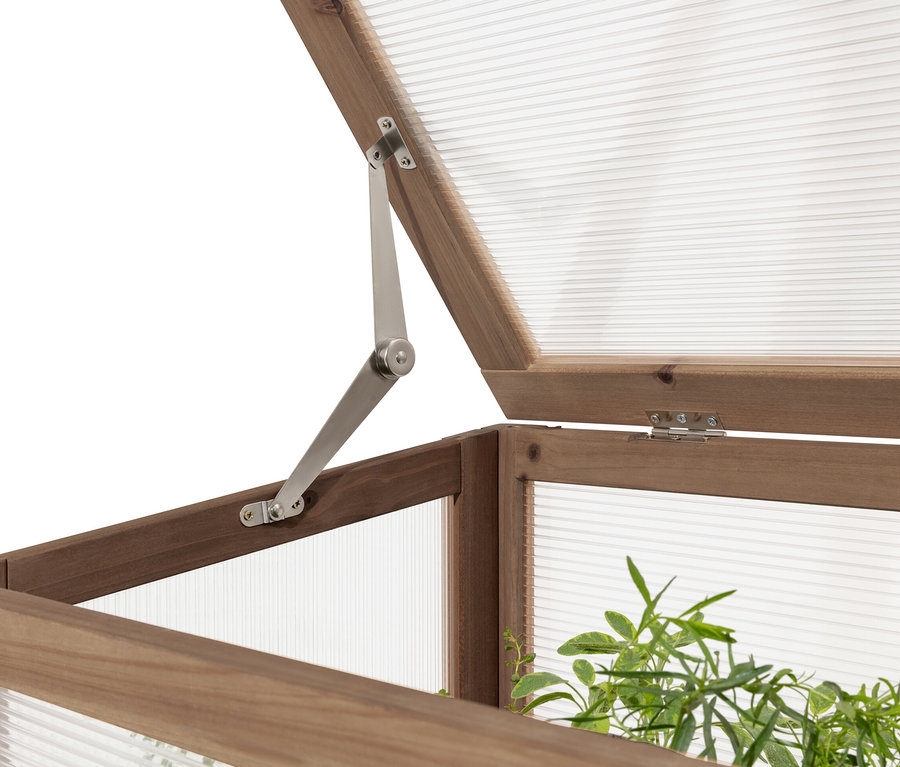 Detailansicht eines Hochbeets mit Frühbeetaufsatz »Elin«, dessen Deckel teilweise geöffnet ist.