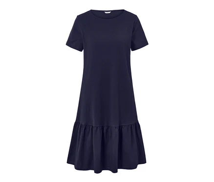 Dunkelblaues Jerseykleid mit Volant.