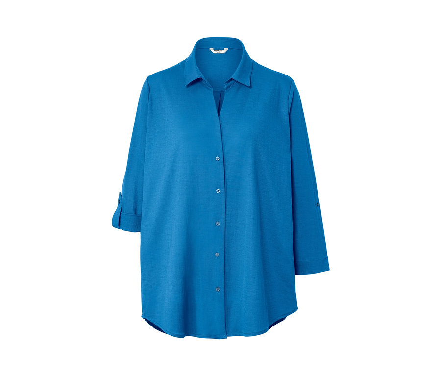 Azurblaue Piqué-Jerseybluse mit langen Ärmeln und Knopfleiste.