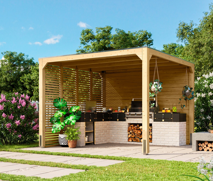 Gartenszene mit Grill und Karibu Pavillon »Markaska«, ca. 320 x 320 cm, 28 mm.