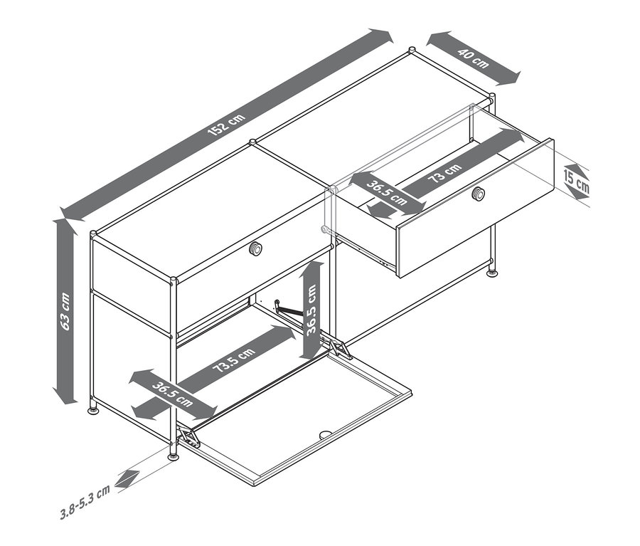Eine Skizze des Sideboards »CN3« mit Schubladen und Klappen, versehen mit Maßangaben.