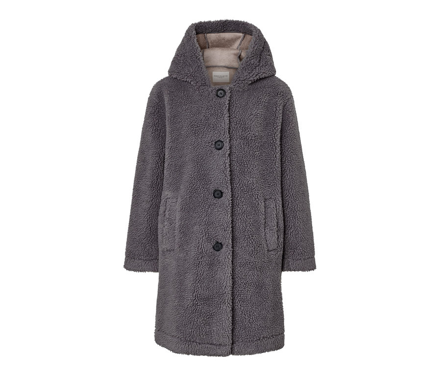 Grauer Teddymantel mit Kapuze.