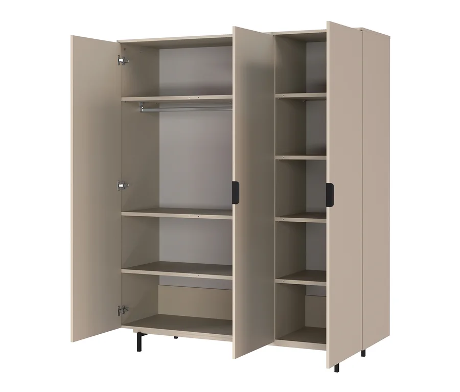 Geöffneter 3-türiger Kleiderschrank »Tomino« mit Regalen und Kleiderstange.