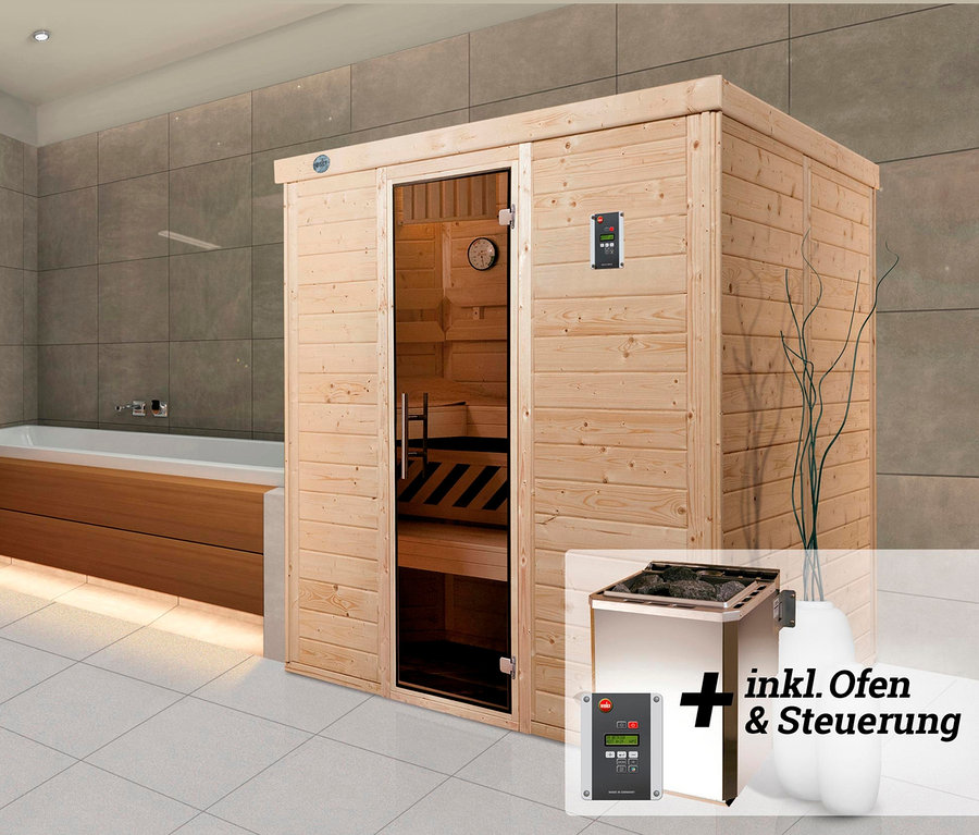 Innenansicht eines Badezimmers mit der Weka Design-Sauna, Oulainen BioS.