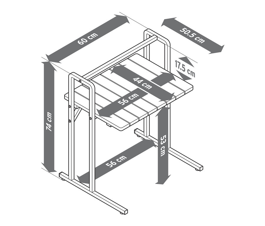Abbildung eines C-Tisches mit großer Tischplatte und Maßangaben.