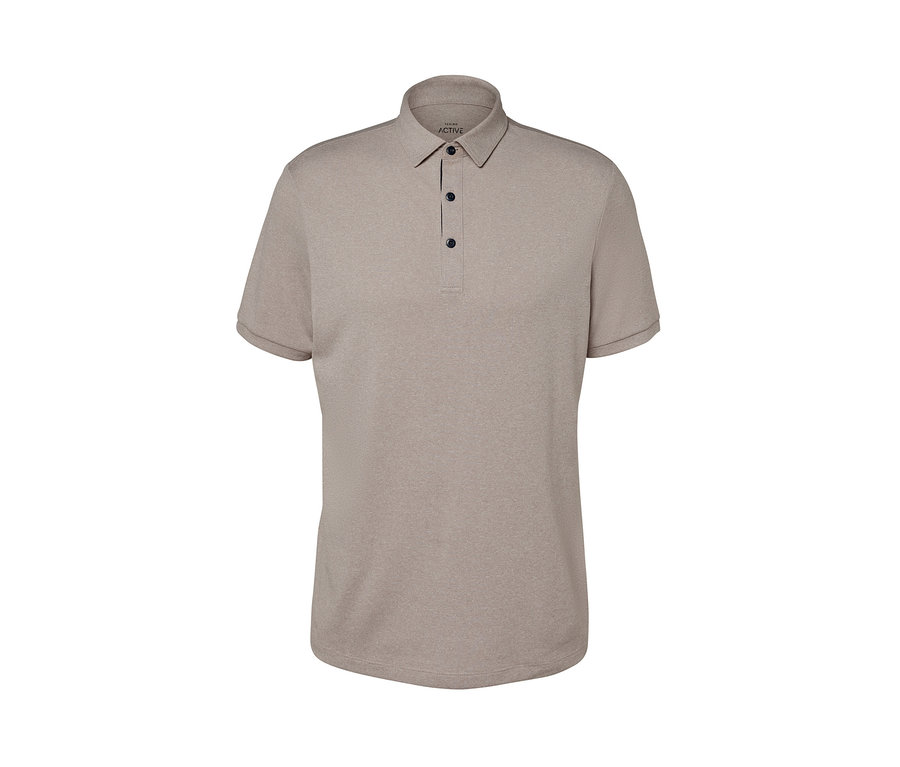 Beiges Funktions-Poloshirt mit kurzen Ärmeln.