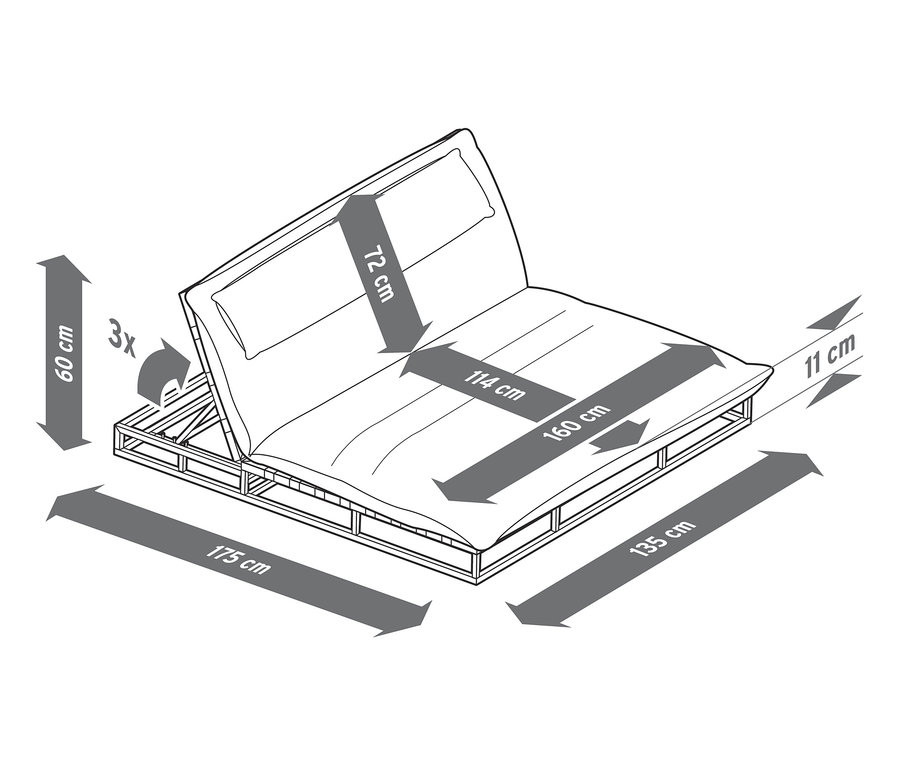 Abbildung einer Premium-Doppelliege mit verstellbarem Kopfteil und Creacryl®-Allwetterstoff mit Maßangaben.
