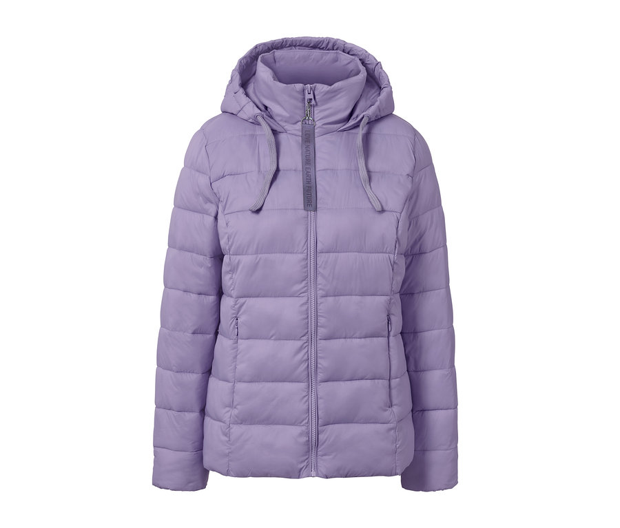 Fliederfarbene Steppjacke mit Kapuze.