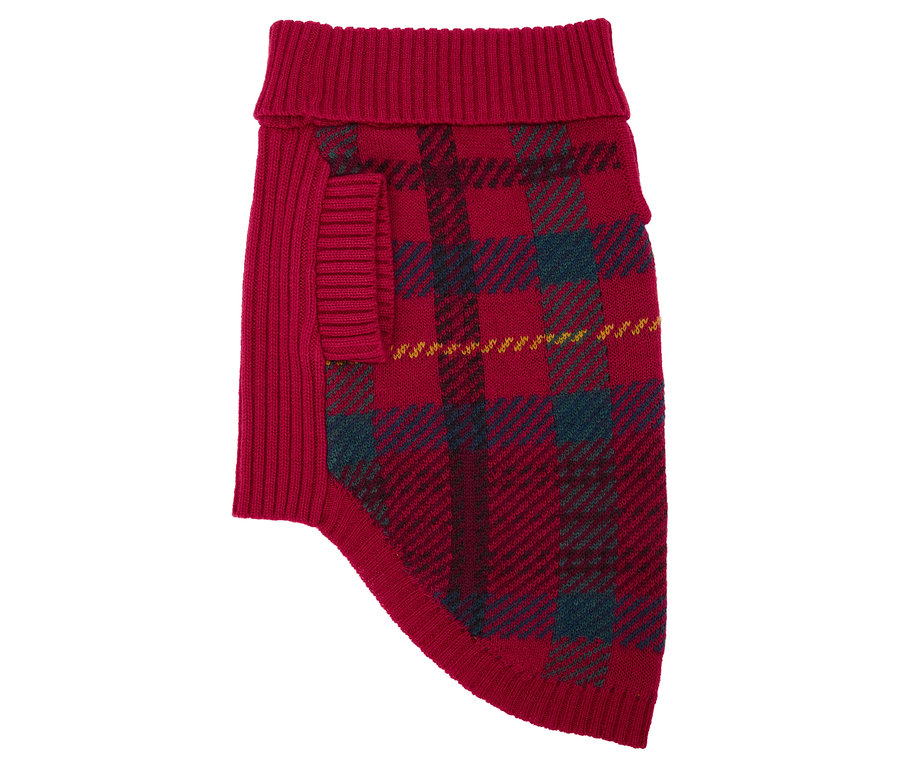 Ein roter karierter Hundepullover mit Rollkragen und Seitentasche.