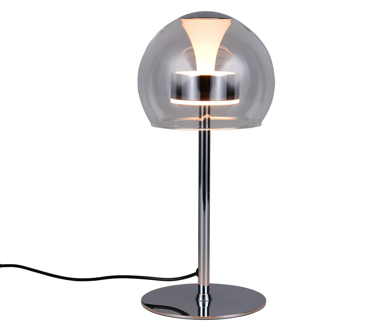 Silberne Trio LED-Tischleuchte »Flynt« mit kugelförmigem Glasschirm.