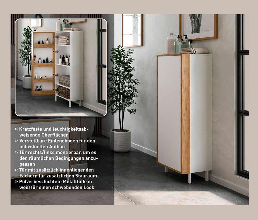Im Badezimmer steht ein weißer Mediumschrank »Namsos 5001« mit Holzelementen und offenen Regalen.