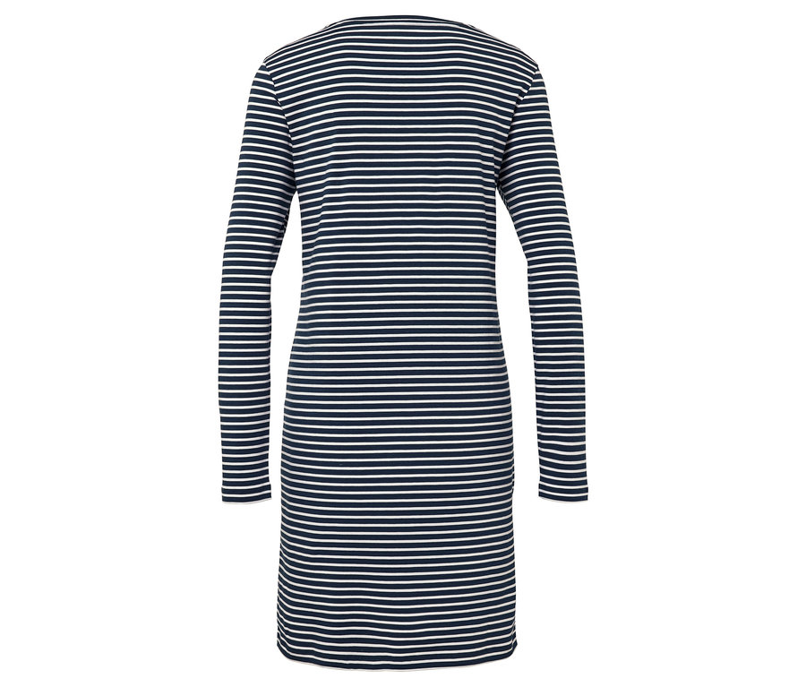 Rückansicht eines langärmeligen, gestreiften Kleides in Marineblau und Weiß.