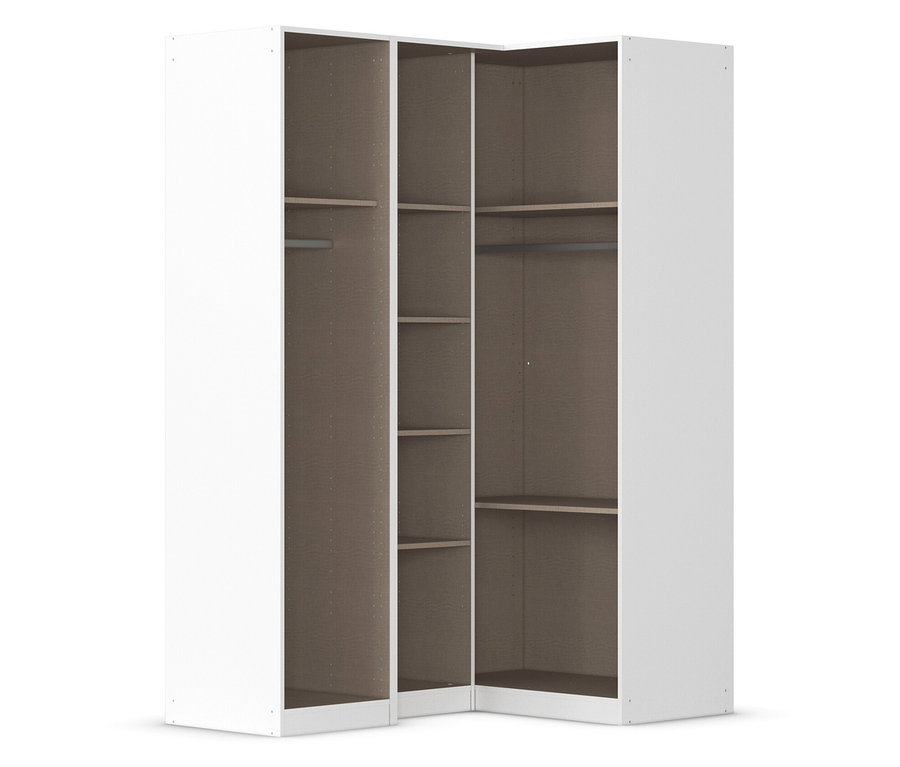 Ein weißer Eckkleiderschrank mit braunem Innenraum.