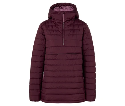 Weinrote Steppjacke mit Kapuze und halbem Reißverschluss.