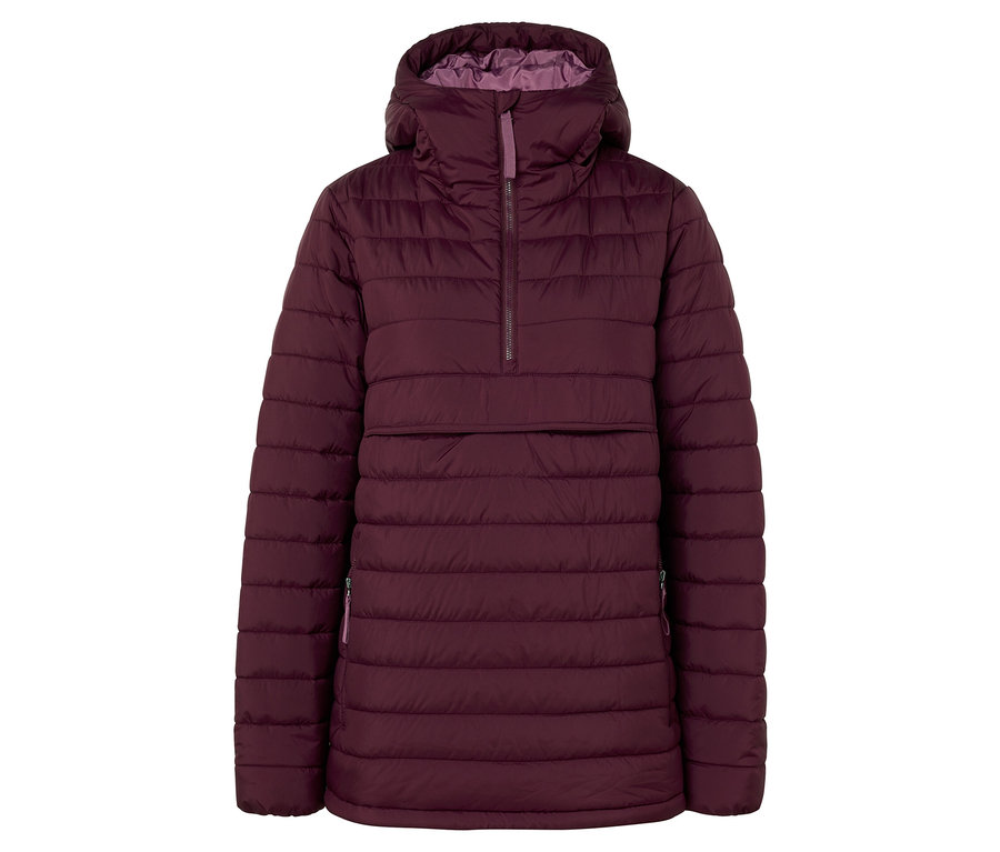 Weinrote Steppjacke mit Kapuze und halbem Reißverschluss.