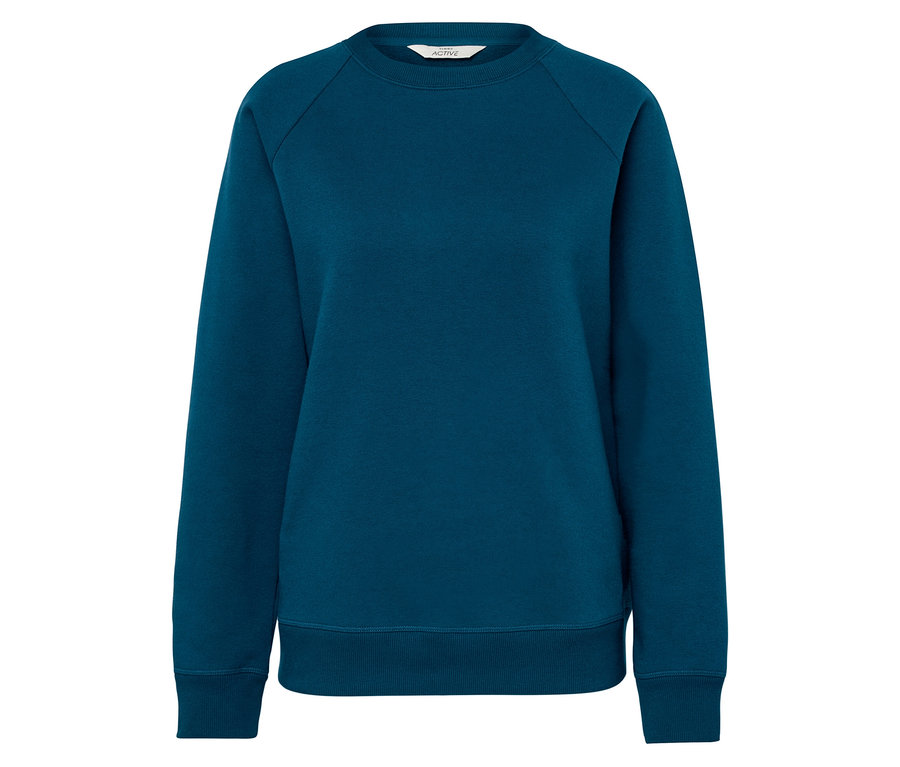 Ein blaues Sweatshirt mit langen Ärmeln und Rundhalsausschnitt.