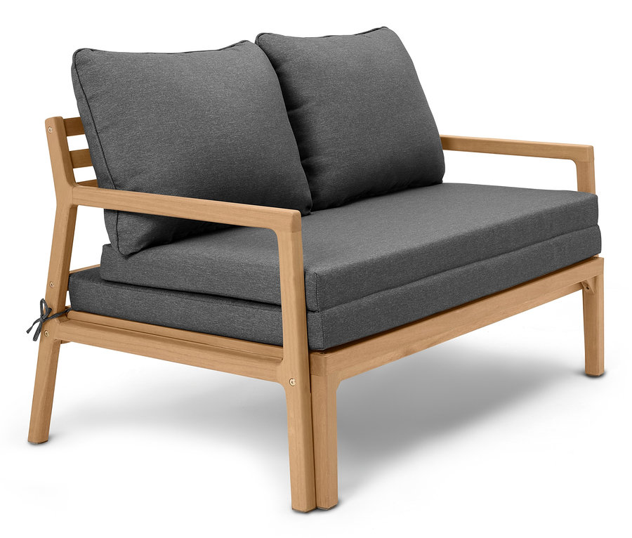 Ausziehbares Lounge-Sofa mit grauem Bezug und Holzrahmen.