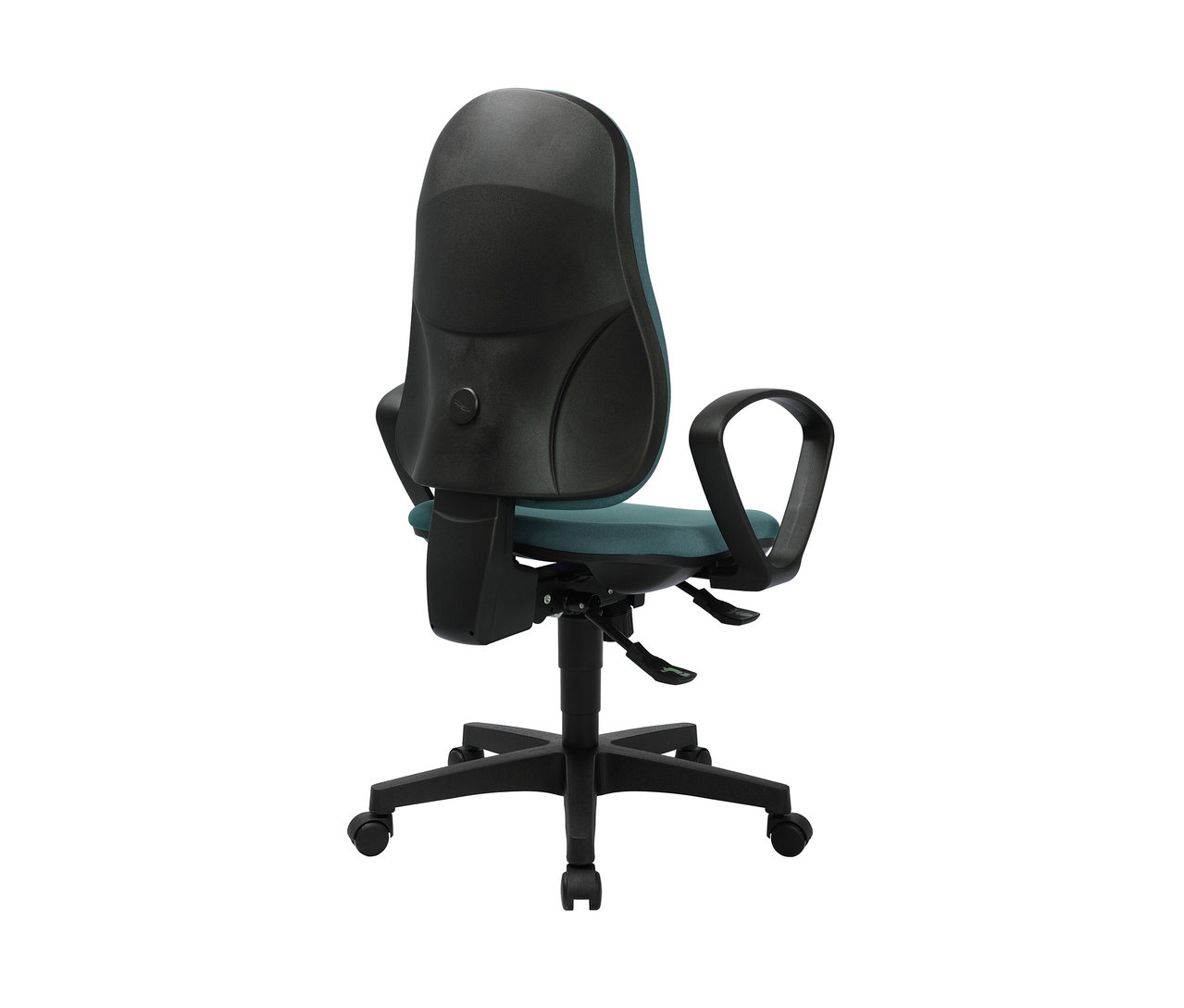 Rückansicht eines Topstar Stuhl »Support SY« Bürostuhls in Petrol mit schwarzem Rahmen, Rückenlehne und Armlehnen.