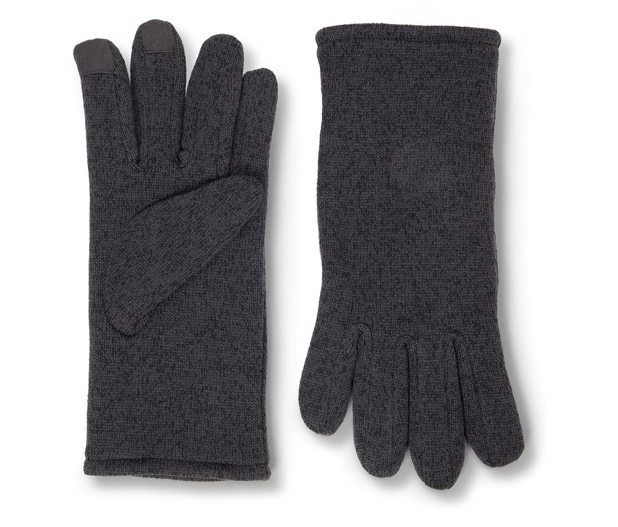 Zwei graue Handschuhe mit Touchscreen-kompatiblen Fingerspitzen liegen nebeneinander.