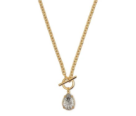 Goldene Halskette mit tropfenförmigem Anhänger.