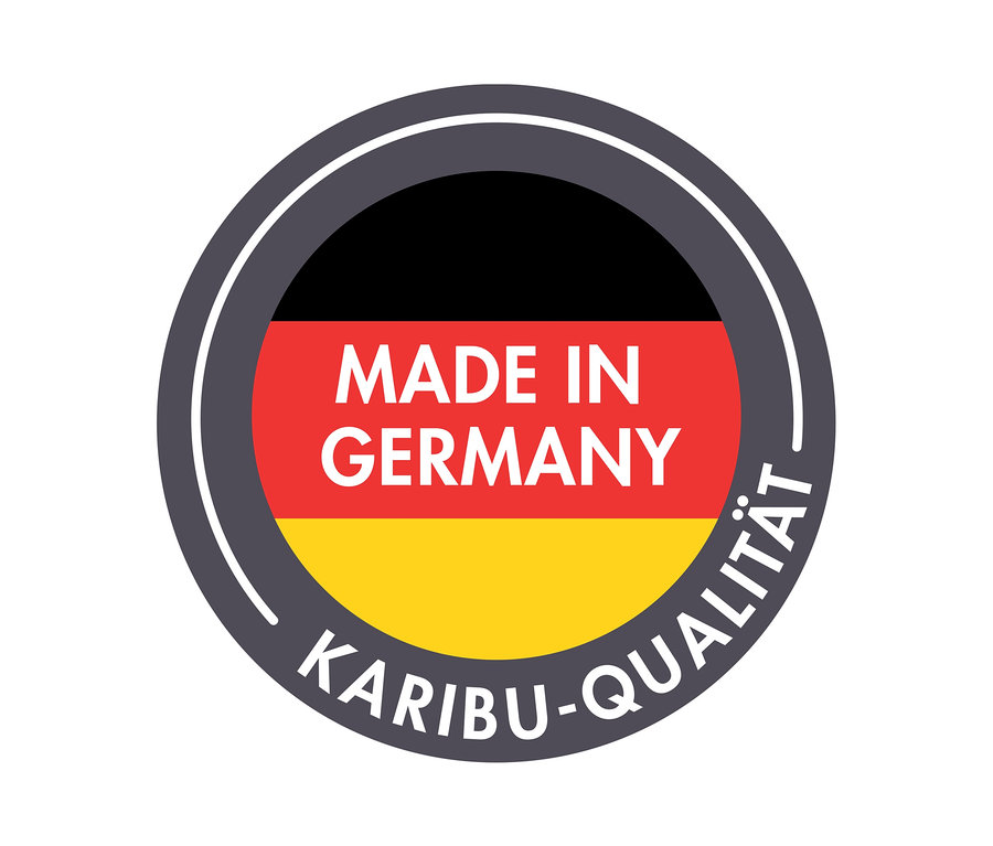 Ein runder Aufkleber mit der deutschen Flagge, der Aufschrift "MADE IN GERMANY" und "KARIBU-QUALITÄT".