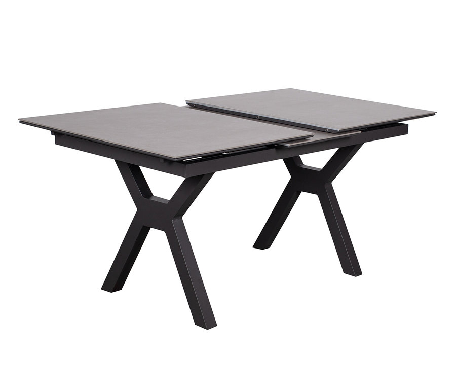 Ein hellgrauer deVries Ausziehtisch 160/210 mit schwarzem Gestell.