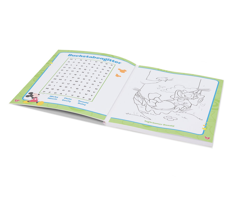 Geöffnetes Buch mit Abbildungen von Mickey Mouse und Donald Duck.