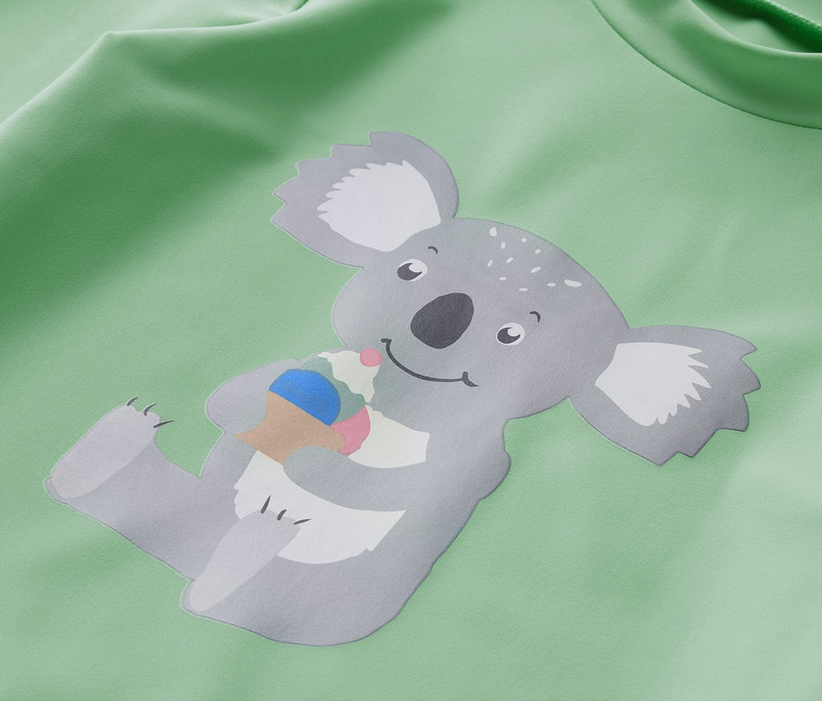 Grünes Kinder-Kombi mit UV-Schutzfaktor 80, Koala-Aufdruck mit Eis.