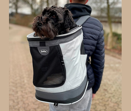 Mann trägt grauen Tier-Rucksack »PLATA« mit einem schwarzen Hund auf dem Rücken.