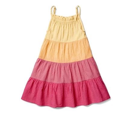 Ein mehrfarbiges Kinder-Webkleid mit Trägern.