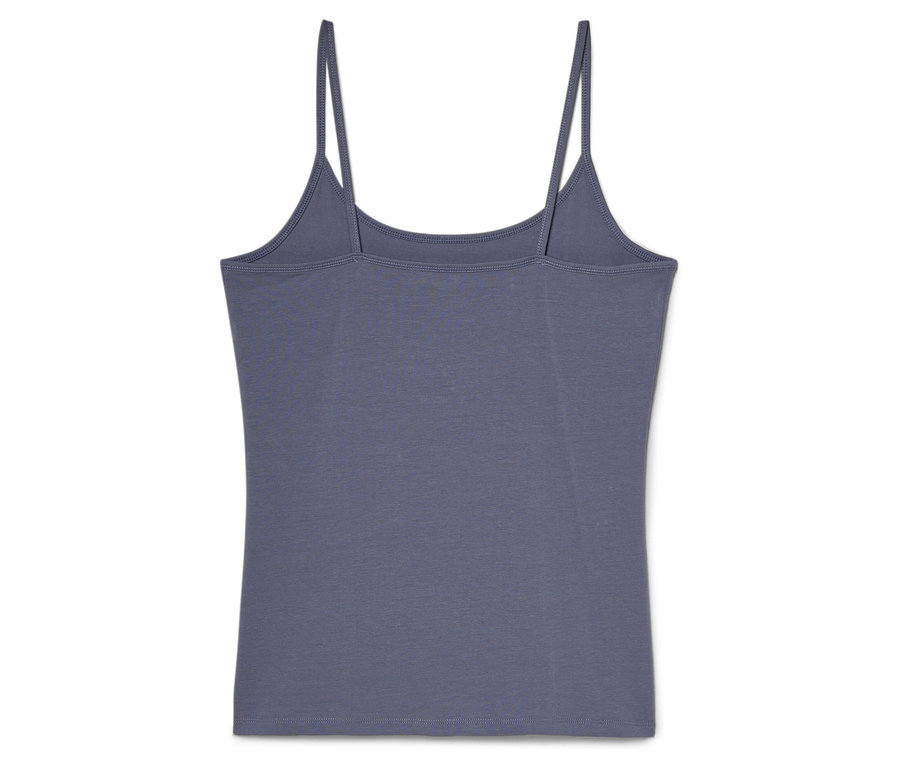 Graues Tanktop mit Spaghettiträgern, von hinten fotografiert.