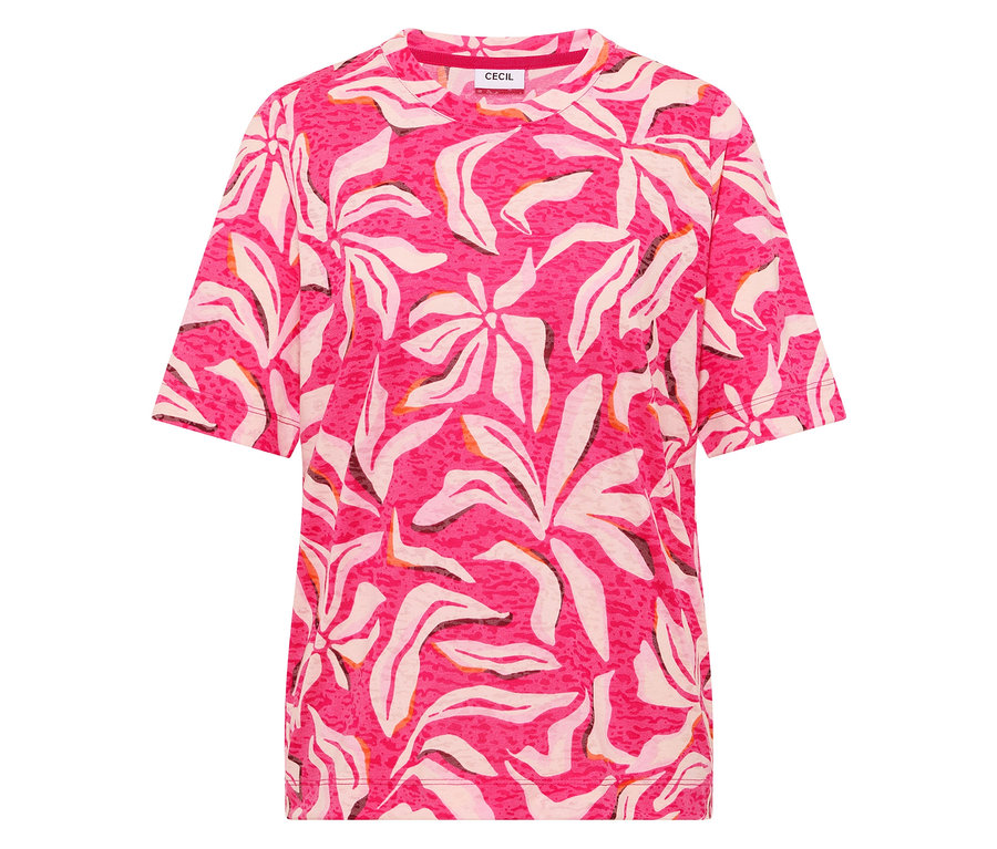 Das rosa CECIL Kurzarmshirt mit weißem Blumenmuster liegt flach.